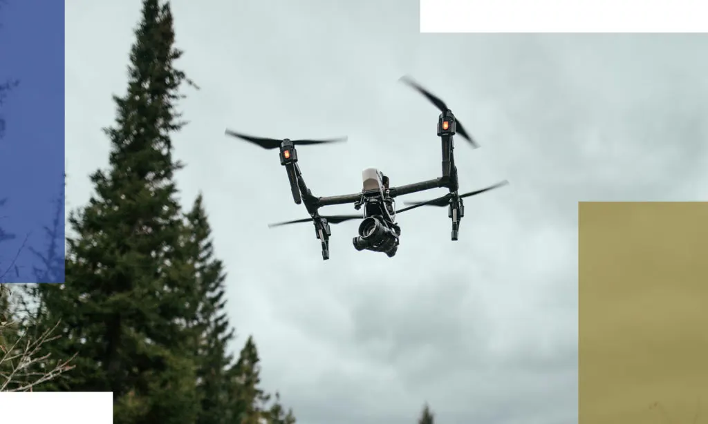 drone flying on cloudy day amid pine trees